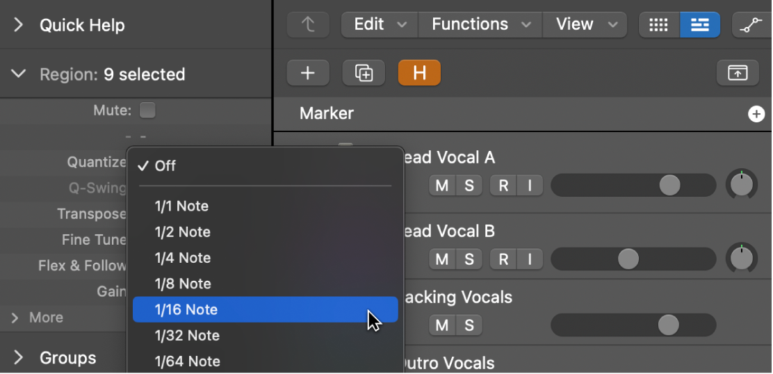 Figure. The Quantize pop-up menu in the Region inspector.