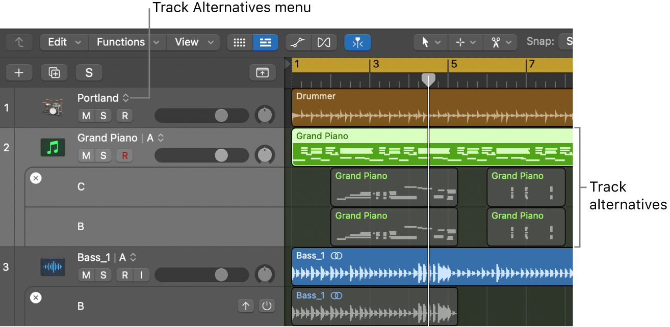 Figure. Tracks area showing multiple track alternatives, with track alternatives menu visible in track headers.