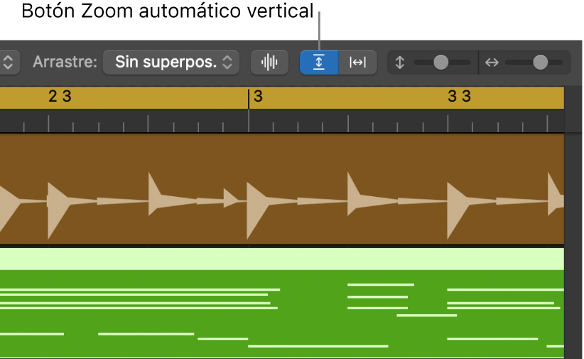 Los controles “Zoom de onda”, “Zoom automático vertical” y “Zoom automático horizontal” están en la barra de menús del área Pistas.