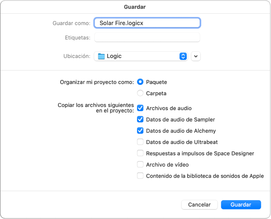 Ilustración. Casillas de la parte inferior del cuadro de diálogo “Guardar como”, que permiten seleccionar distintos componentes para guardar en el proyecto.