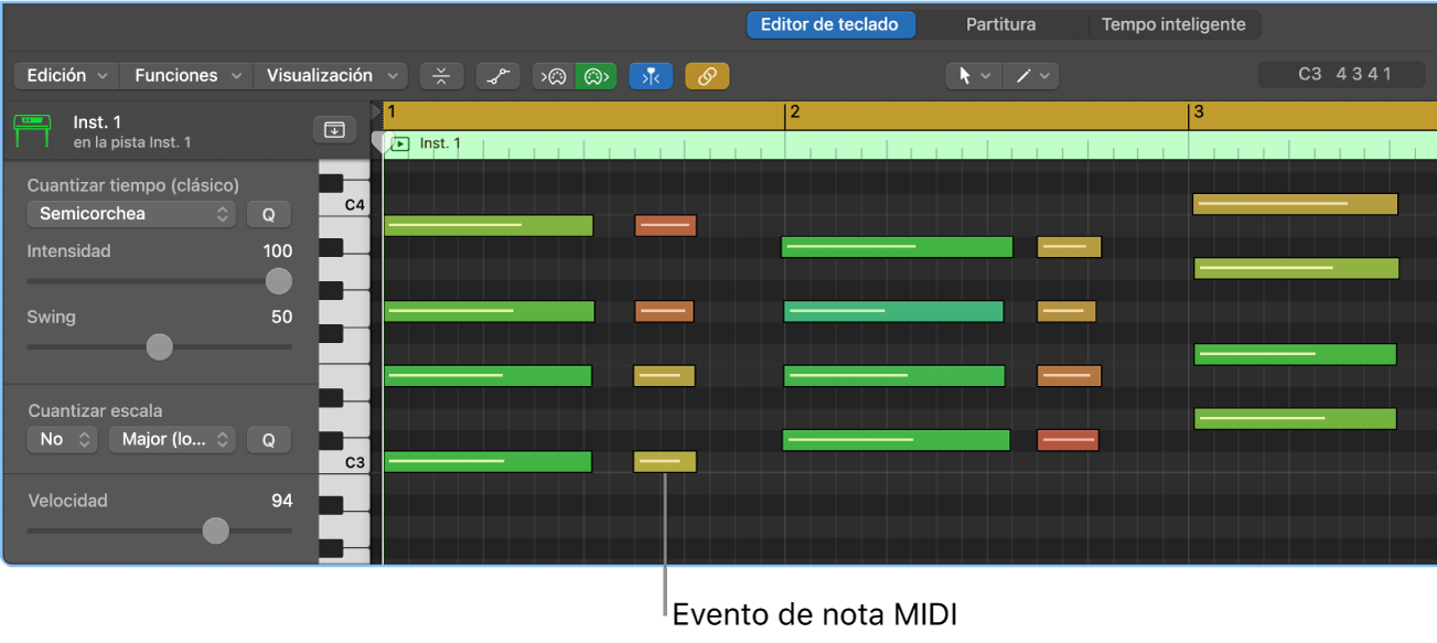 Ilustración. Editor de teclado, donde se señala un evento de nota MIDI.