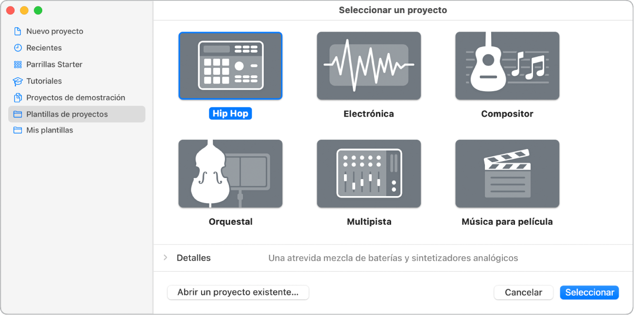 Ilustración. Selector de proyectos con una plantilla de tipo “Proyecto vacío” seleccionada.