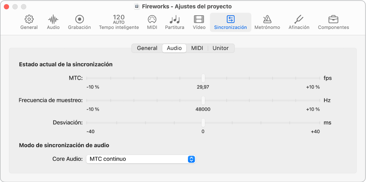 Ilustración. Pestaña Audio del panel Sincronización de ajustes del proyecto.