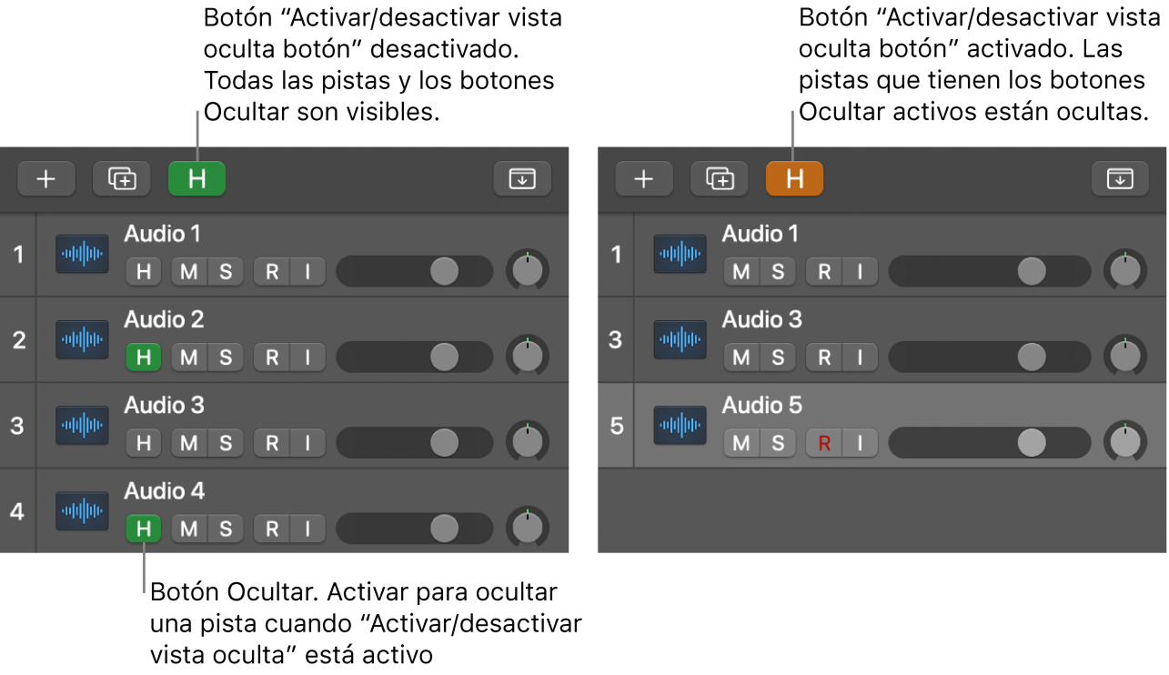 Botón Ocultar y botón “Activar/Desactivar vista oculta”.