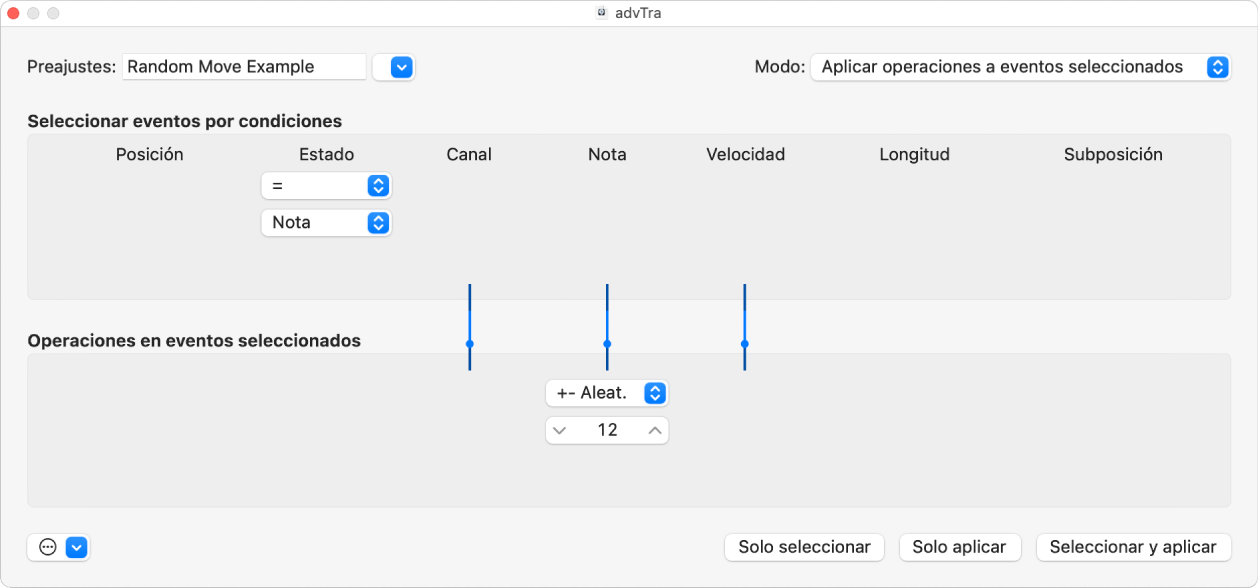 Ilustración. Ventana Transformación con ajustes para cambiar aleatoriamente la altura de eventos de nota MIDI.