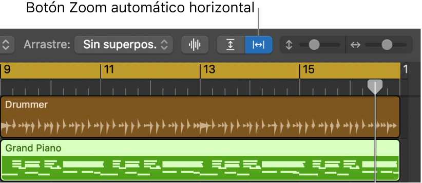 Los controles “Zoom de onda”, “Zoom automático vertical” y “Zoom automático horizontal” están en la barra de menús del área Pistas.
