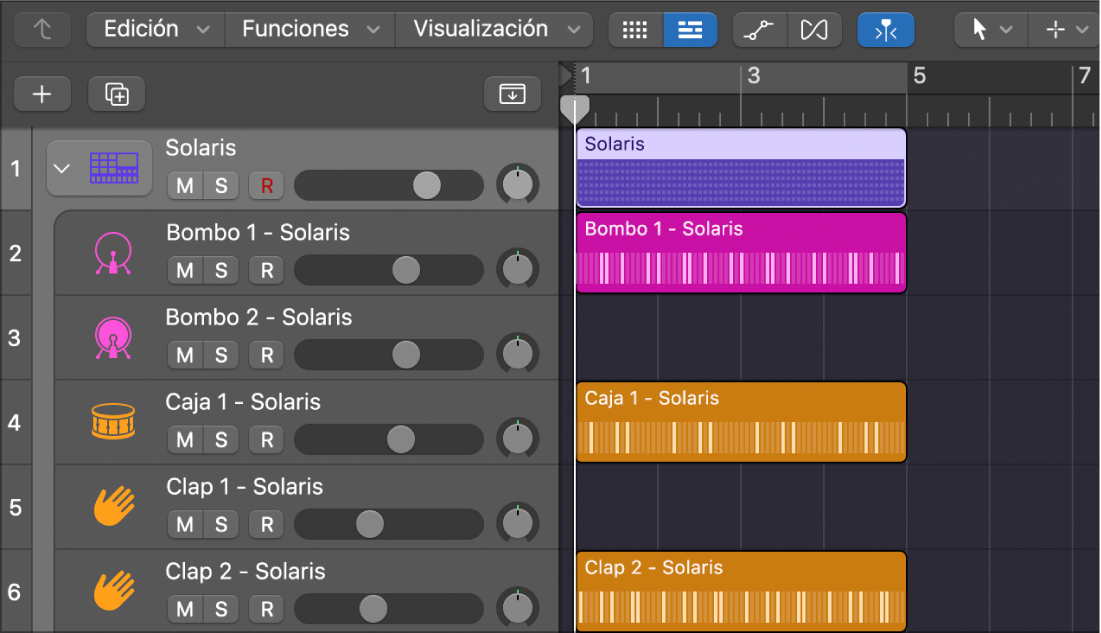 Track Stack de Drum Machine Designer ahora se divide y muestra pasajes de patrón en las subpistas.