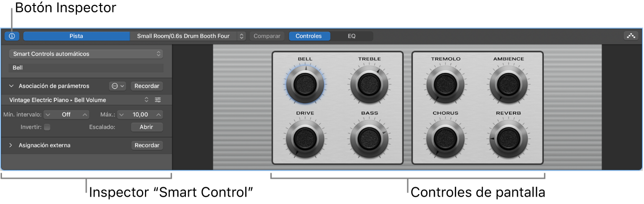 Ilustración. Panel Smart Controls con los controles de pantalla y el inspector.