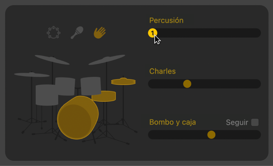 Ilustración. Se está arrastrando el regulador Percusión en el editor Drummer.