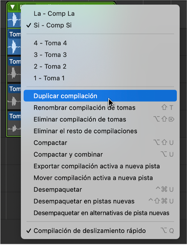 Ilustración. Se está seleccionando la opción “Duplicar compilación” en el menú desplegable.