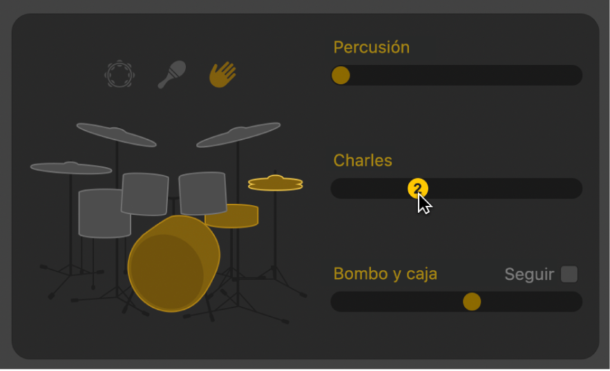 Ilustración. Se está arrastrando un regulador Hi-hat en el editor Drummer.