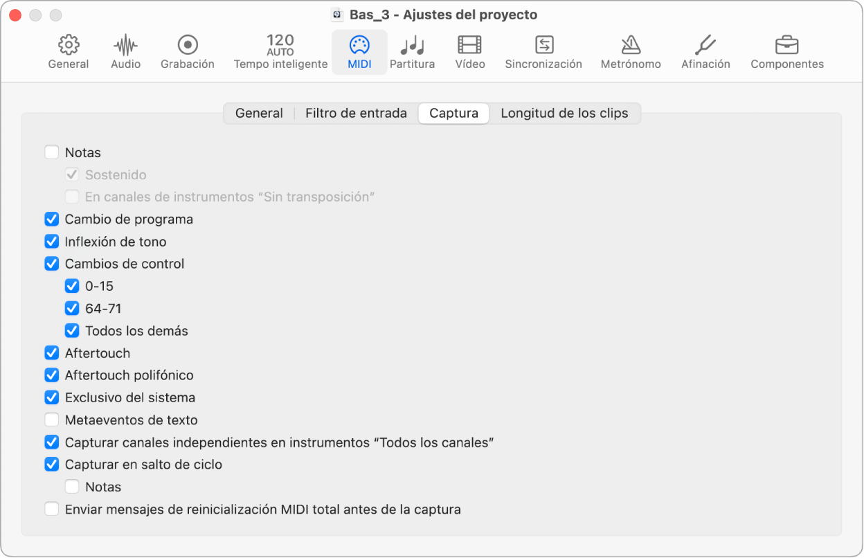 Ilustración. Panel Capturar de los ajustes MIDI del proyecto.