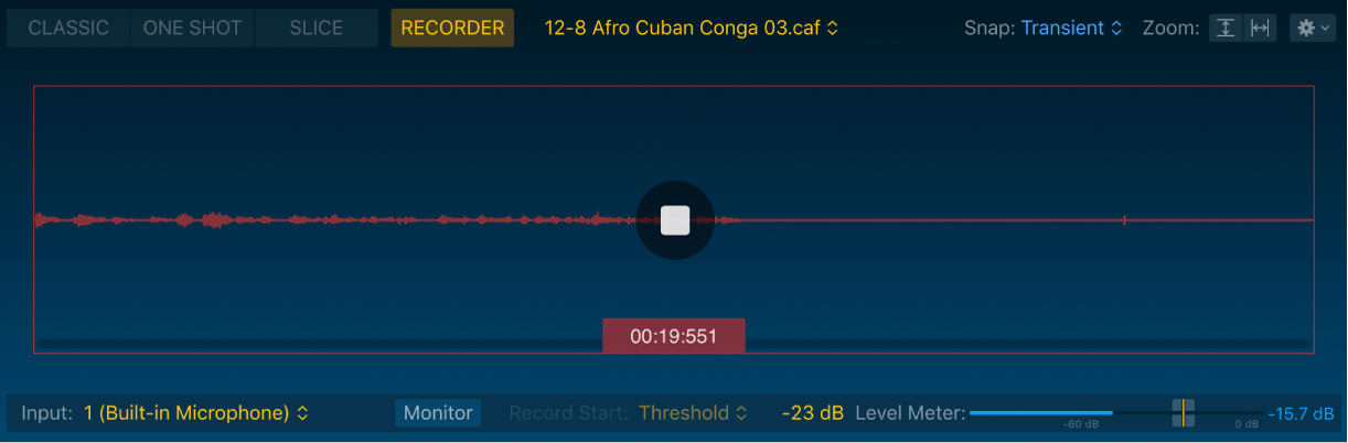 Ilustración. Visualización de onda del modo Recorder de Quick Sampler, que muestra todos los parámetros relacionados.