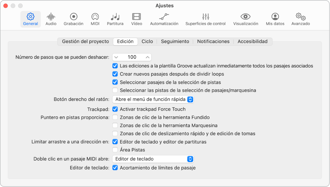 Ilustración. Ajustes generales de edición con opciones para restringir los movimientos de arrastre de notas.