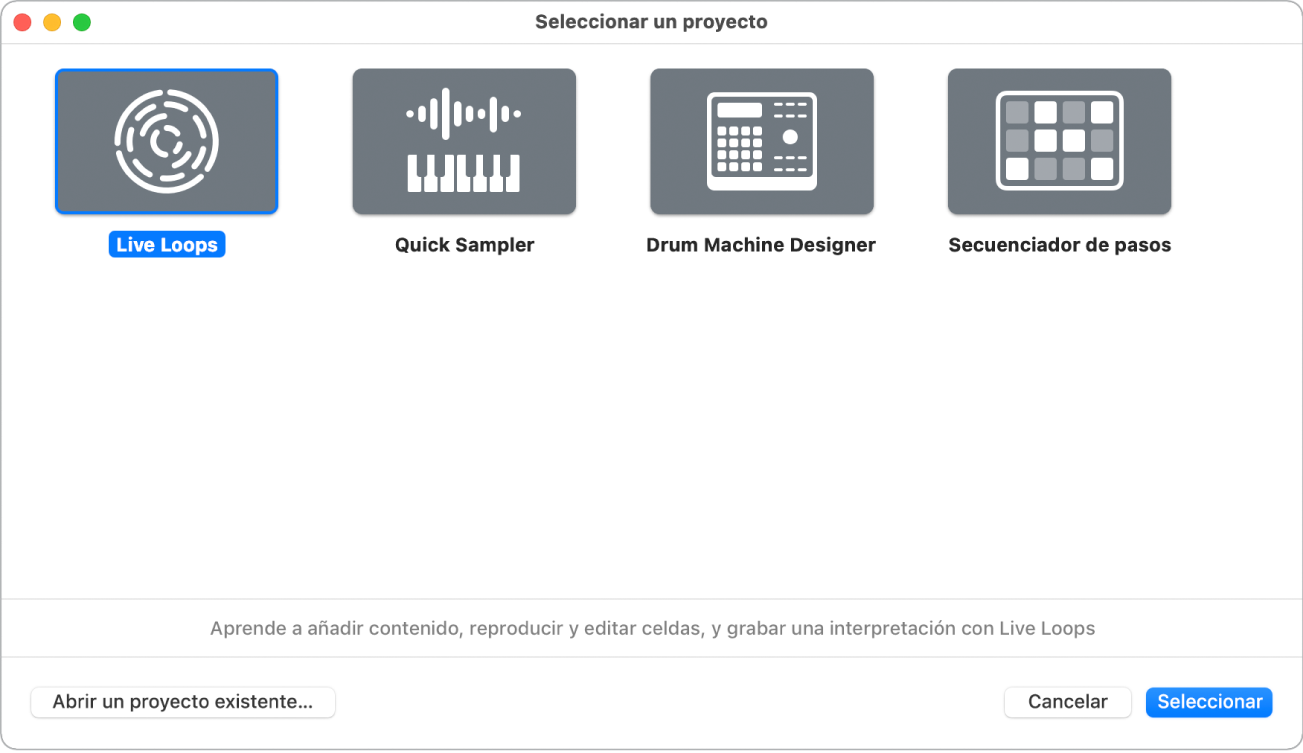 Ilustración. Selector de proyectos con un proyecto de tutorial seleccionado.