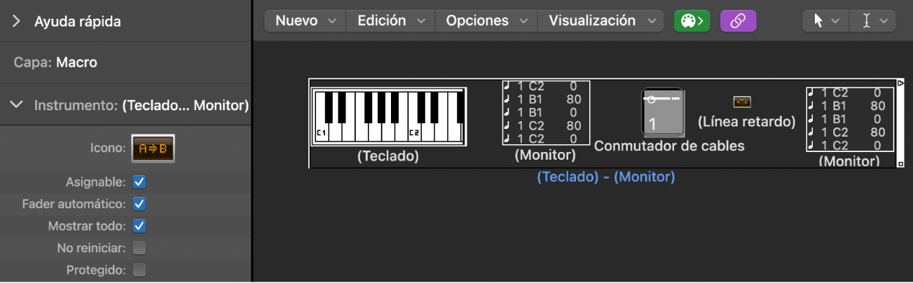 Ilustración. Ventana Entorno con un objeto macro y su inspector.