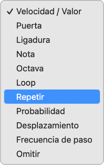 Menú desplegable del selector de modo de edición del secuenciador de pasos.