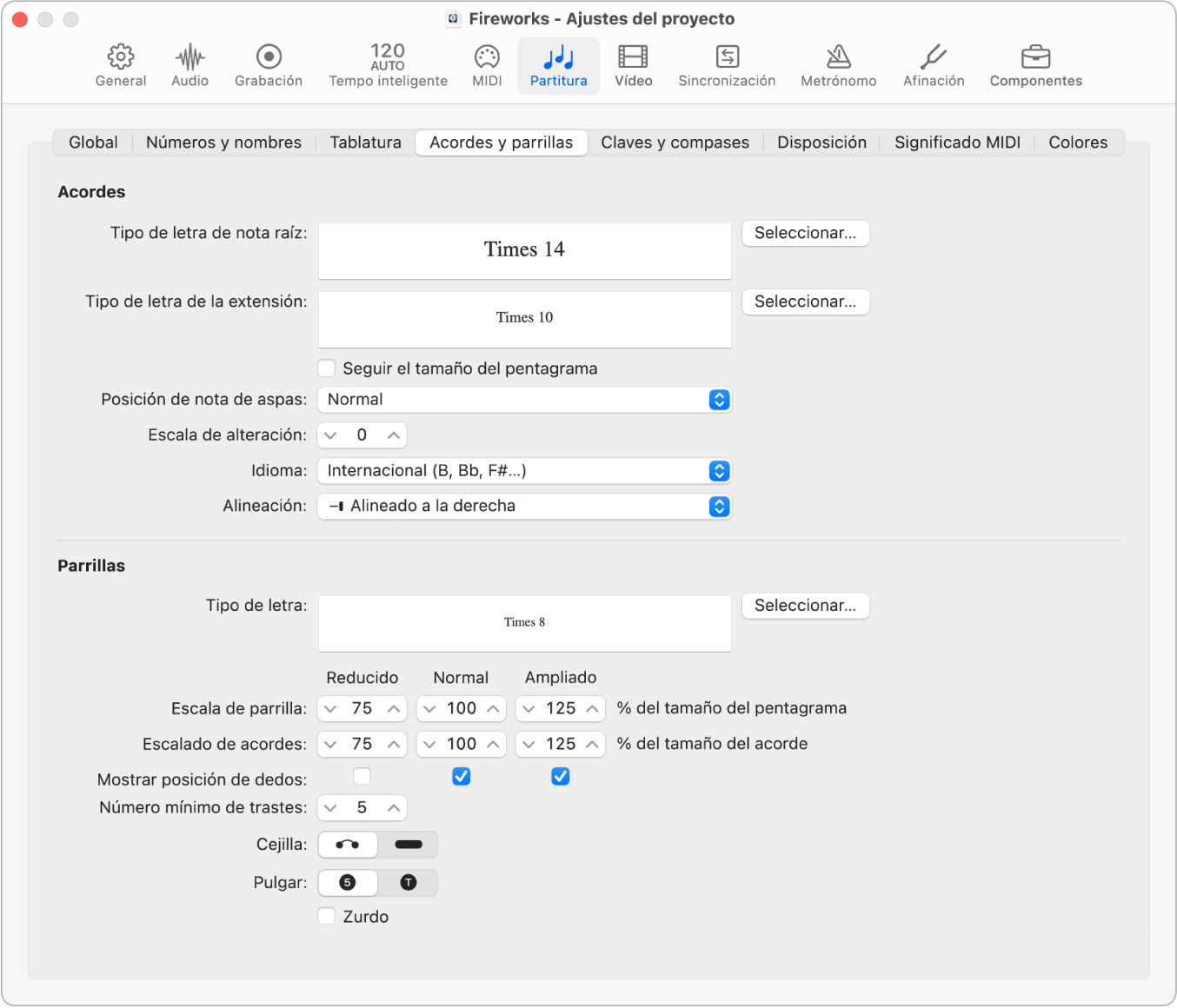 Ilustración. Pestaña “Acordes y parrillas” de ajustes del proyecto.