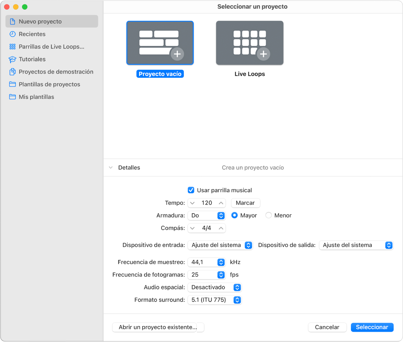 Ilustración. Detalles de la mitad inferior del selector de proyectos, para ajustar las propiedades del proyecto.