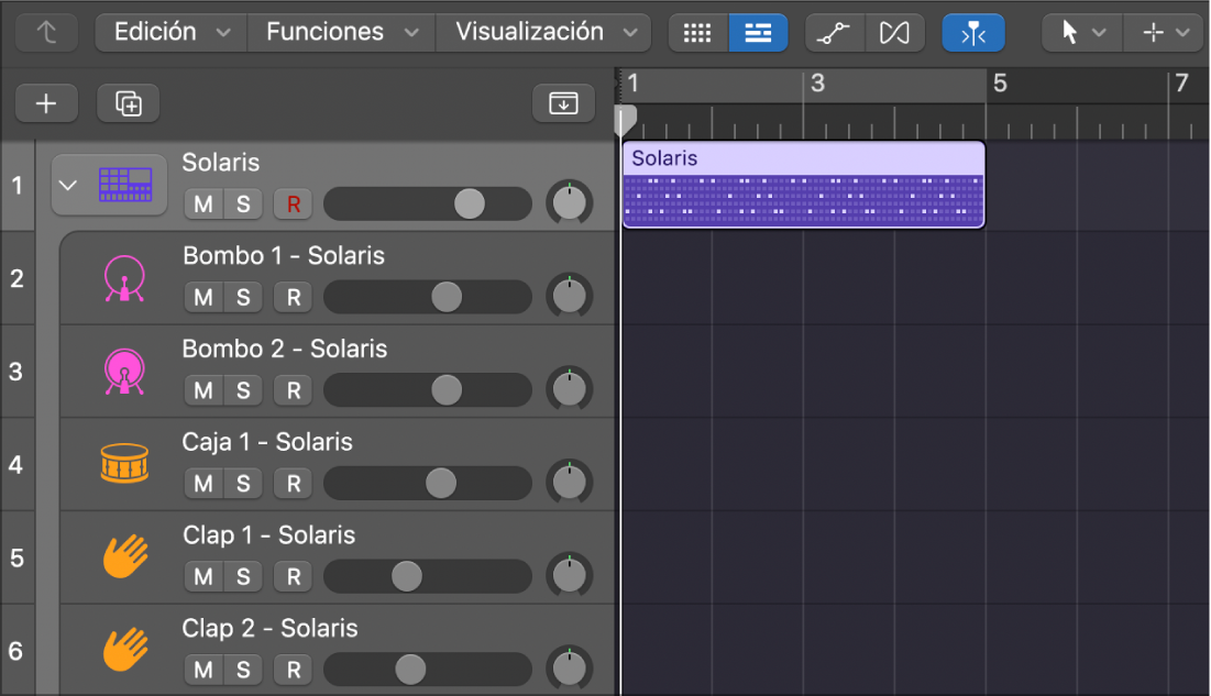 Track Stack de Drum Machine Designer con pasaje de patrón y subpistas vacías.