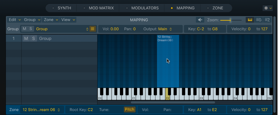 Ilustración. Editor de asociaciones de teclas de Sampler, que muestra un archivo de audio arrastrado a un intervalo de teclas.