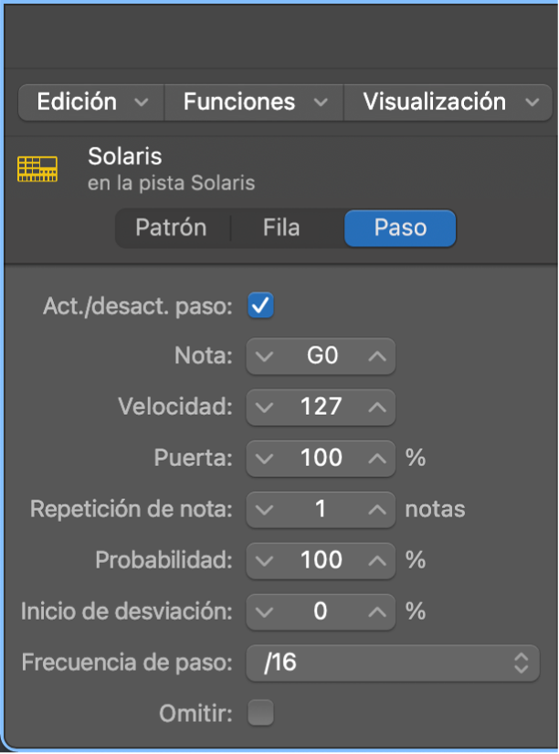 Inspector local del secuenciador de pasos que muestra los ajustes del paso.