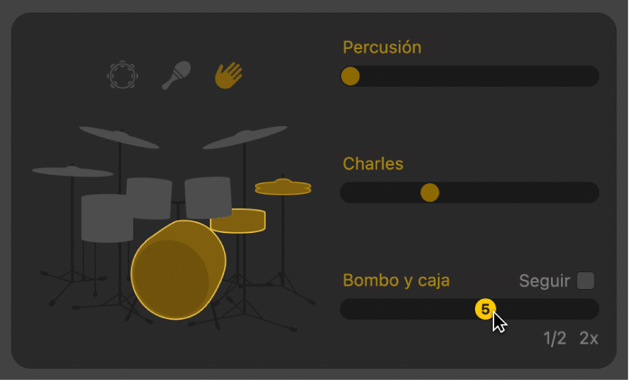 Ilustración. Se está arrastrando el regulador “Bombo y caja” en el editor Drummer.