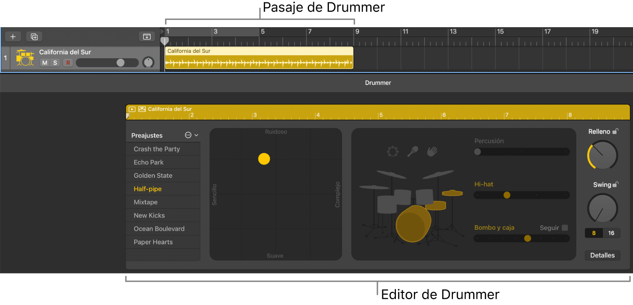 Ilustración. Una pista de instrumento de software con pasajes Drummer y, debajo de él, el editor Drummer.