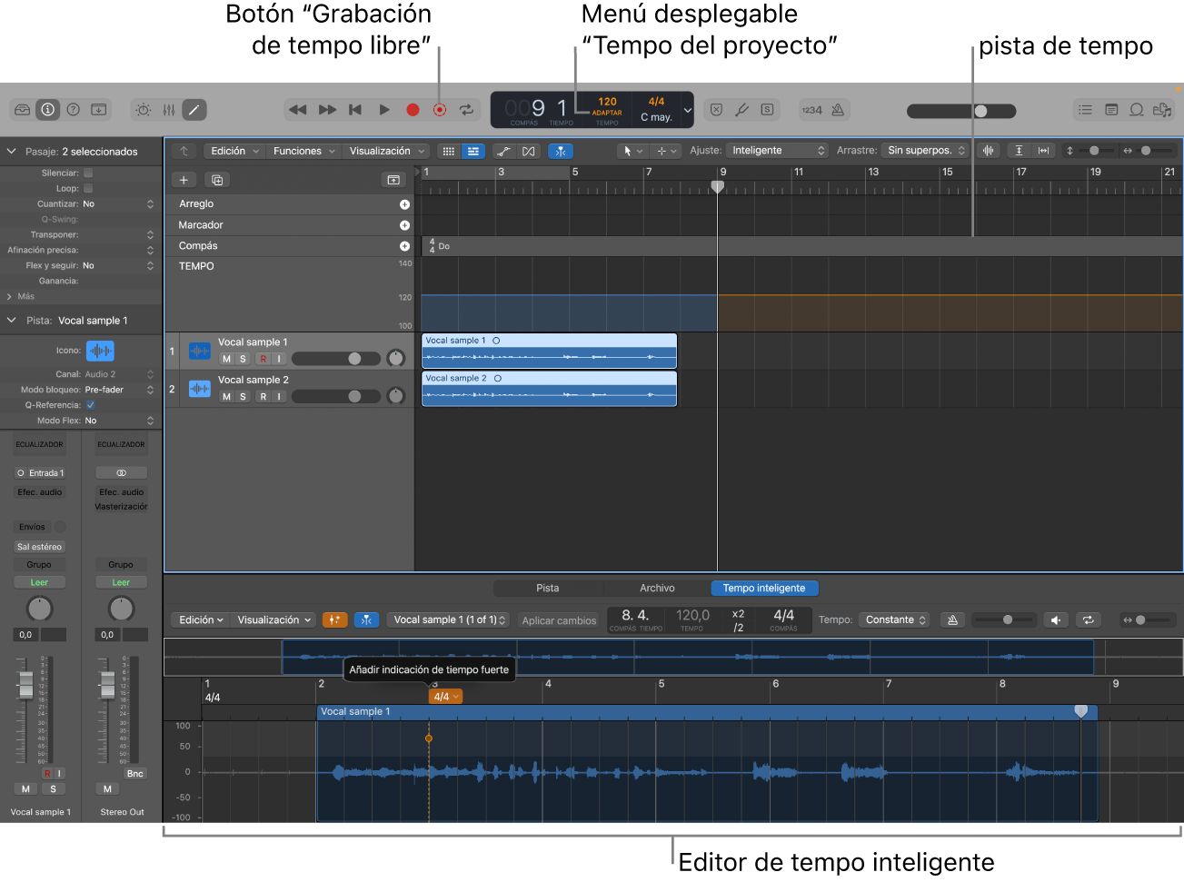 Ilustración. Proyecto con una grabación con el modo Adaptar seleccionado, cambios de tempo en la pista de tempo y el editor de tempo inteligente abierto.