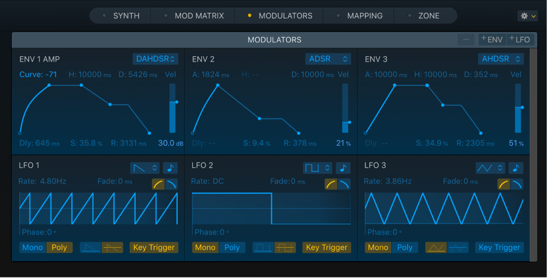 Ilustración. Panel Modulators de Sampler, que muestra los parámetros de envolvente y LFO.