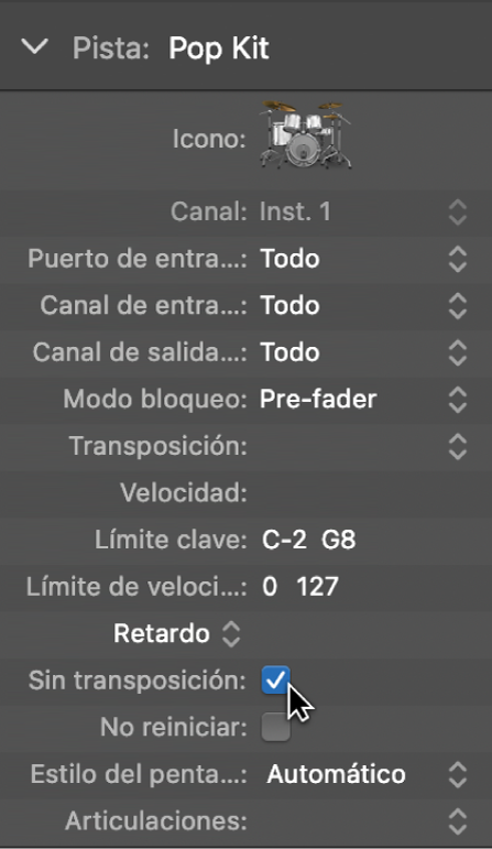 Ilustración. Caja “Parámetros de pista” con la casilla “Sin transposición” seleccionada.