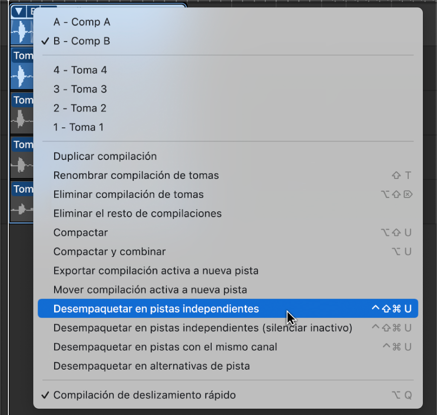 Ilustración. Se está seleccionando la opción “Desempaquetar en pistas independientes” en el menú desplegable.