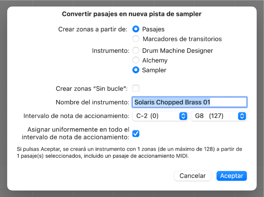 Ilustración. Cuadro de diálogo “Convertir pasajes en nueva pista de sampler”.