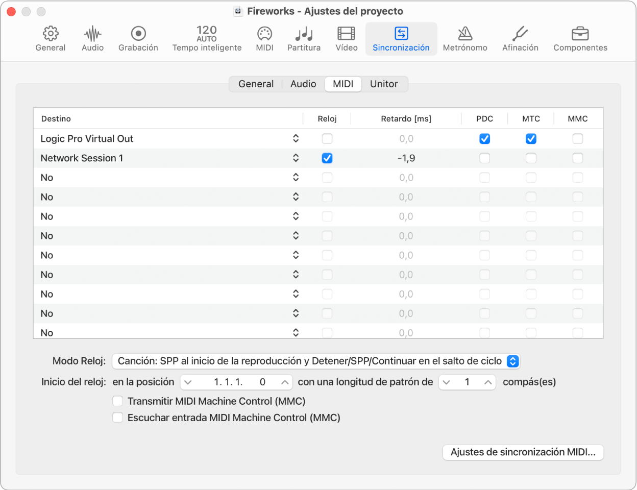 Ilustración. Pestaña MIDI del panel Sincronización de ajustes del proyecto.