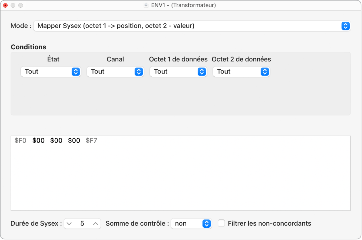 Figure. Mapper SysEx dans la fenêtre Transformateur.