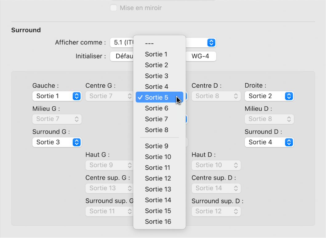 Figure. Menu local Sortie dans les réglages Surround.