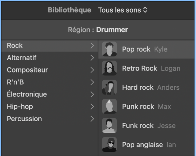 Figure. Menu Bibliothèque du drummer montrant des réglages relatifs aux pistes.