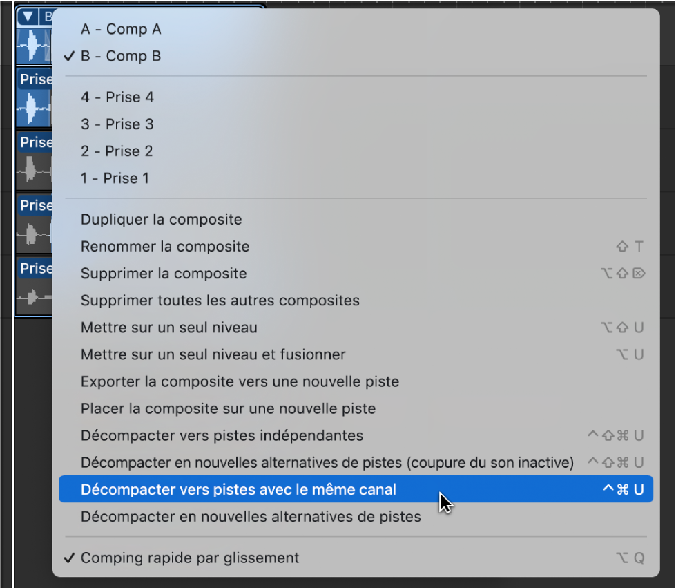 Figure. Sélection de « Décompacter vers pistes avec le même canal » dans le menu local.