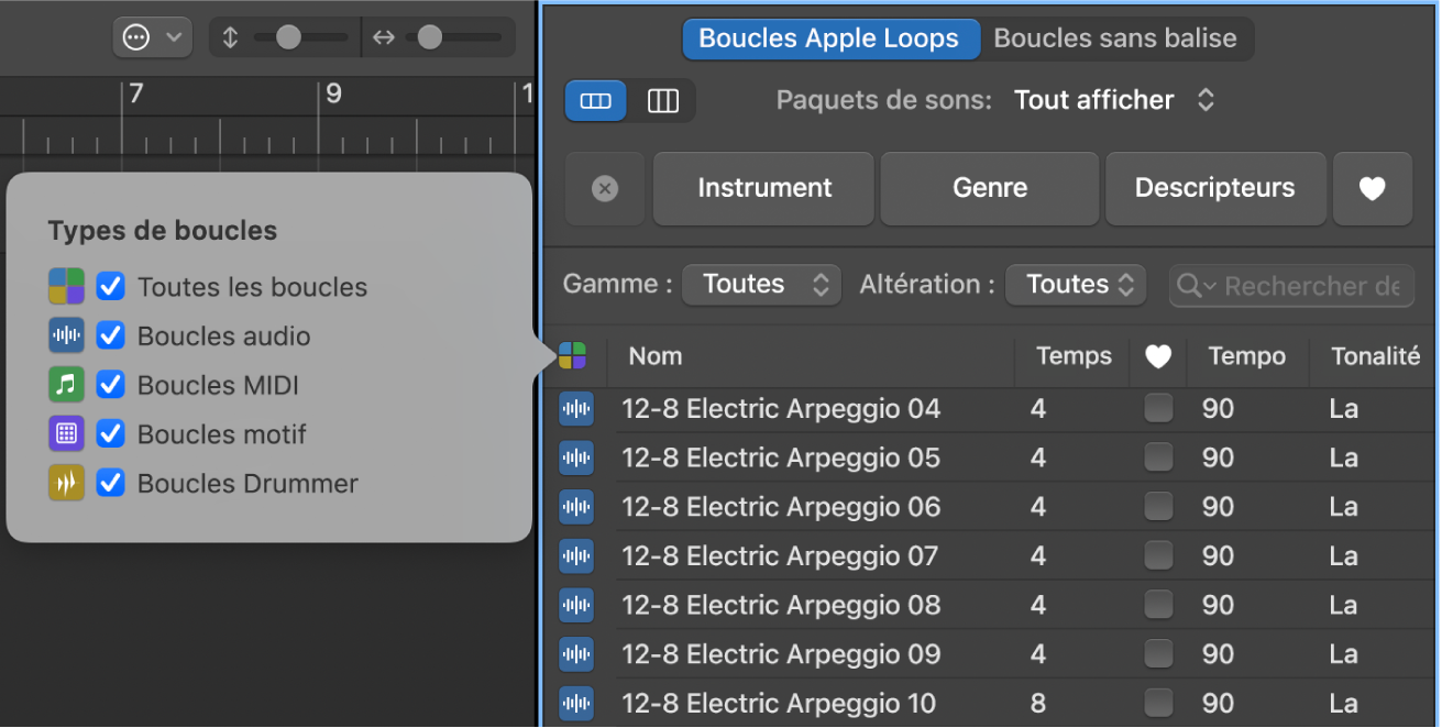 Menu Types de boucles situé au-dessus de la liste de résultats de recherche.