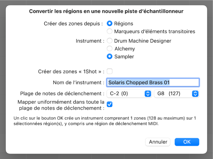 Figure. Zone de dialogue Convertir les régions en une nouvelle piste d’échantillonneur.