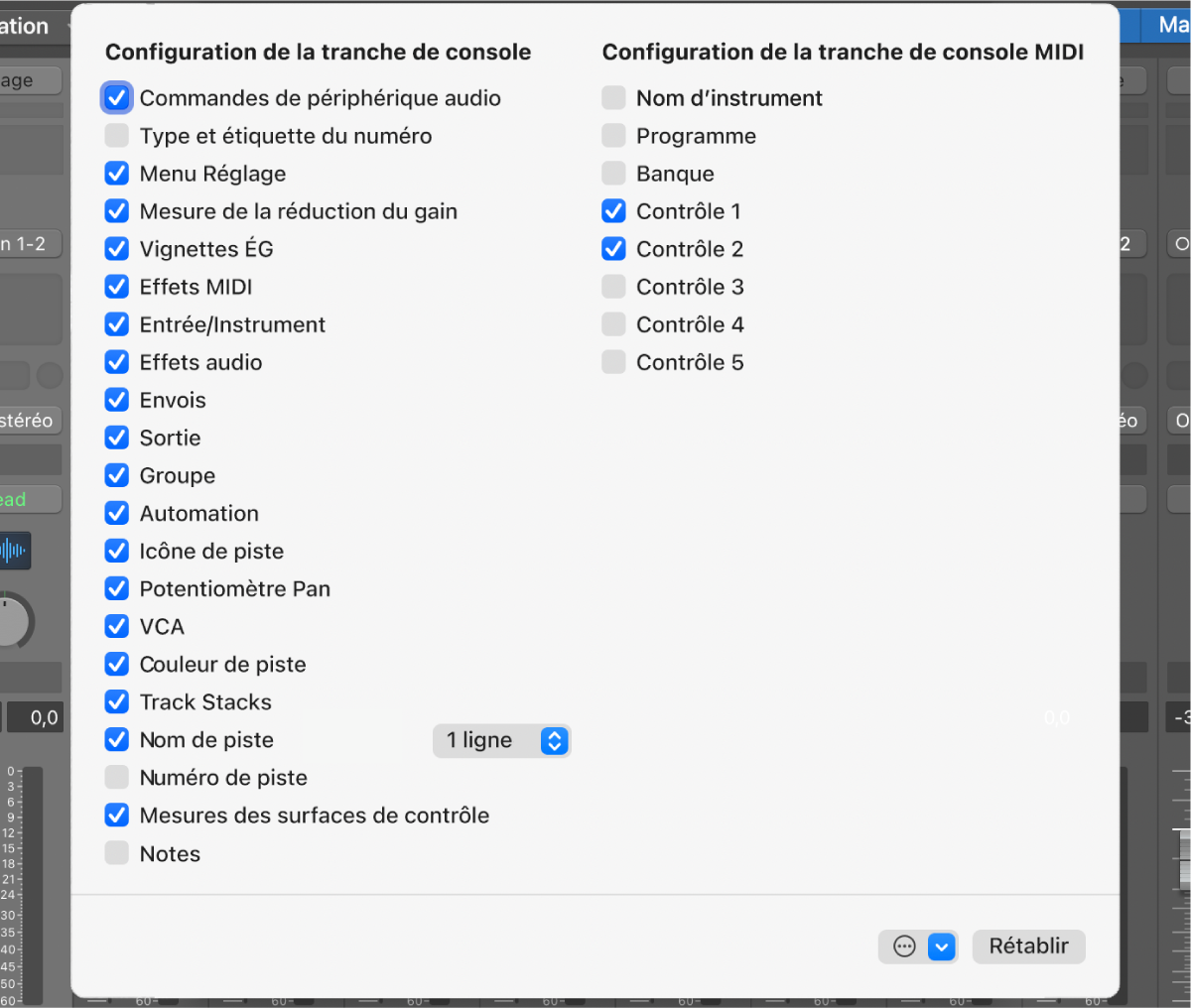 Figure. Menu local Composants de tranche de console.