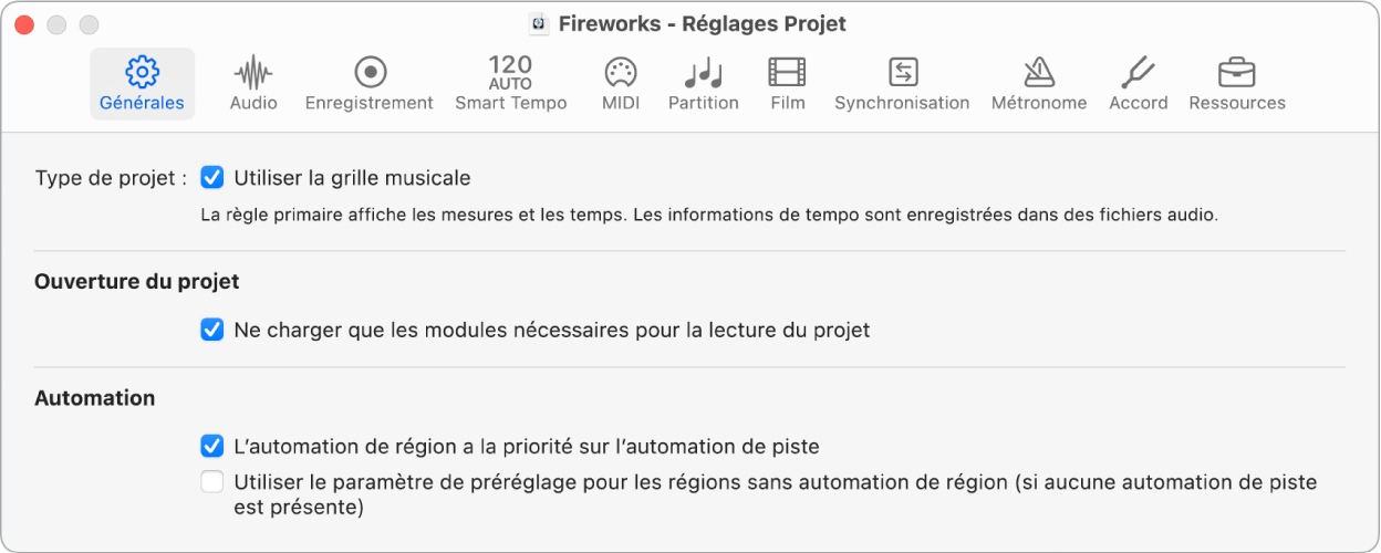 Figure. Réglages généraux du projet.