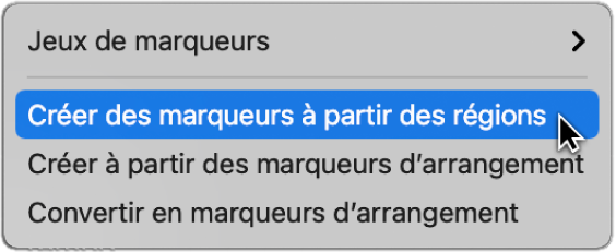 Figure. Piste des marqueurs affichant la commande de menu « Créer des marqueurs à partir des régions ».