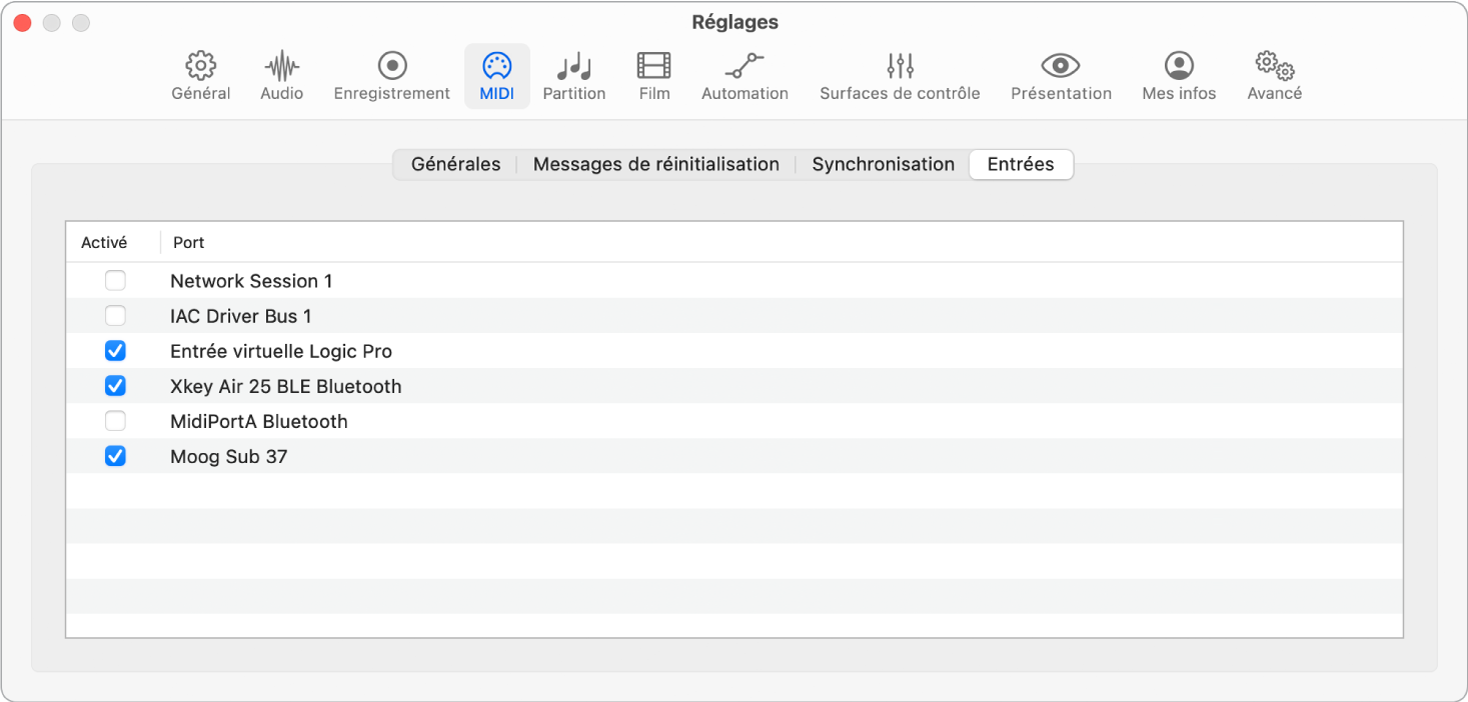 Figure. Réglages Entrées MIDI.
