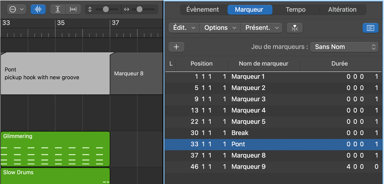 Figure. Liste des marqueurs avec première ligne de la zone Texte des marqueurs utilisée comme nom de marqueur.