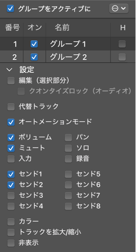 図。グループ設定パネル。