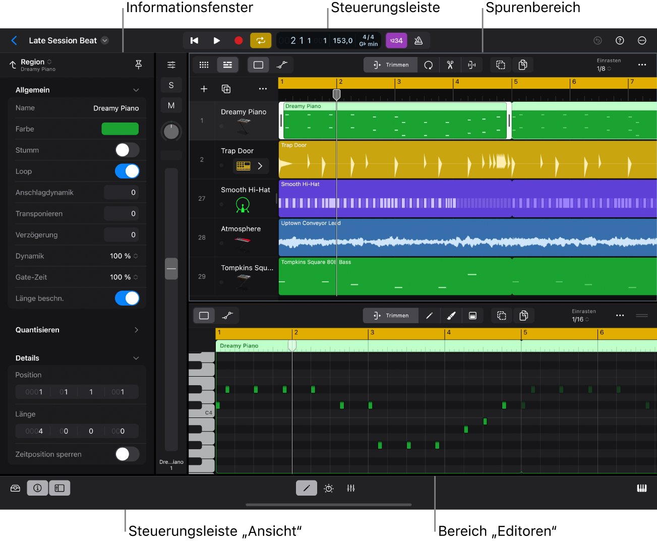 Abbildung. Logic Pro-Projekt mit dem Bereich „Spuren“, einem Informationsfenster und dem Pianorolleneditor während der Wiedergabe.