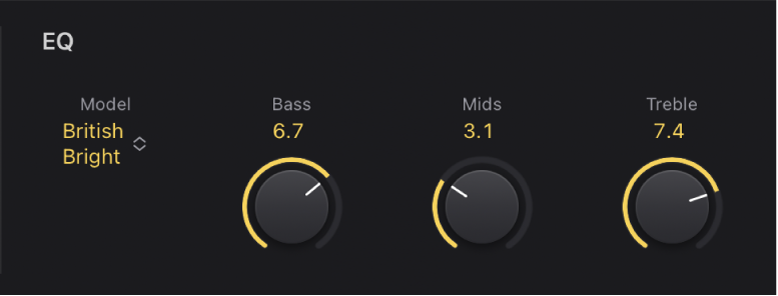 Abbildung. Einblendmenü „EQ“ und Drehregler „Bass“, „Mids“ und „Treble“