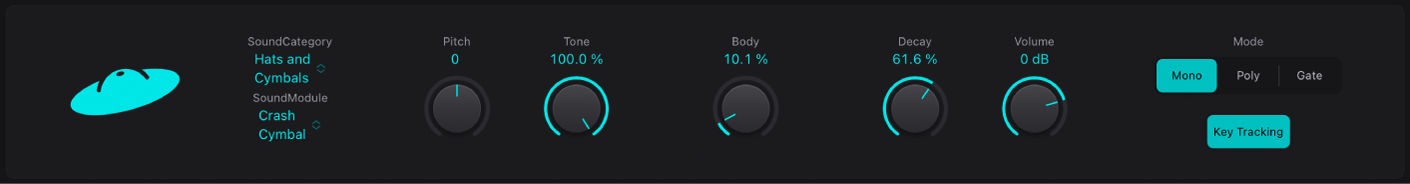 Abbildung. Bedienoberfläche von Drum Synth mit einem Becken-Sound und den dazugehörigen Parametern