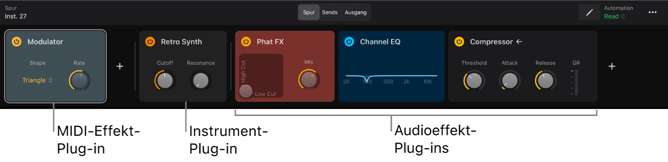 Abbildung. Der Bereich „Plug-ins“ mit MIDI-Effekt-, Instrument- und Audioeffekt-Plug-ins.